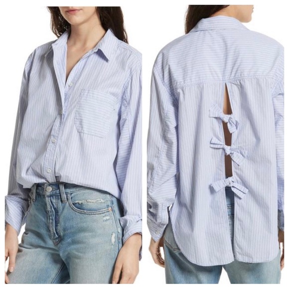 NWT Free People Tie It In A Bow Oversized Striped Button Down Shirt XS - Picture 3 of 13